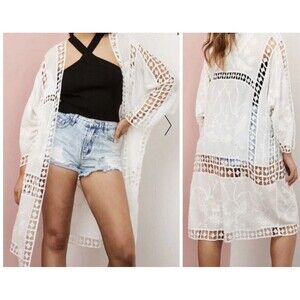 Forgotten Grace Womens Boho Kimono Ivory Crochet Cardigan Oversized Size L